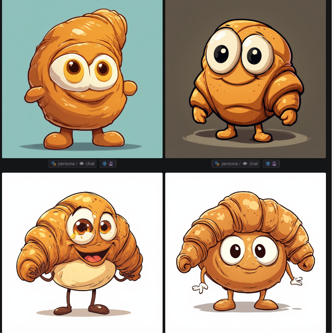 Friendlier looking LLM generated croissants after prompting cartoon styling from Perchance.org