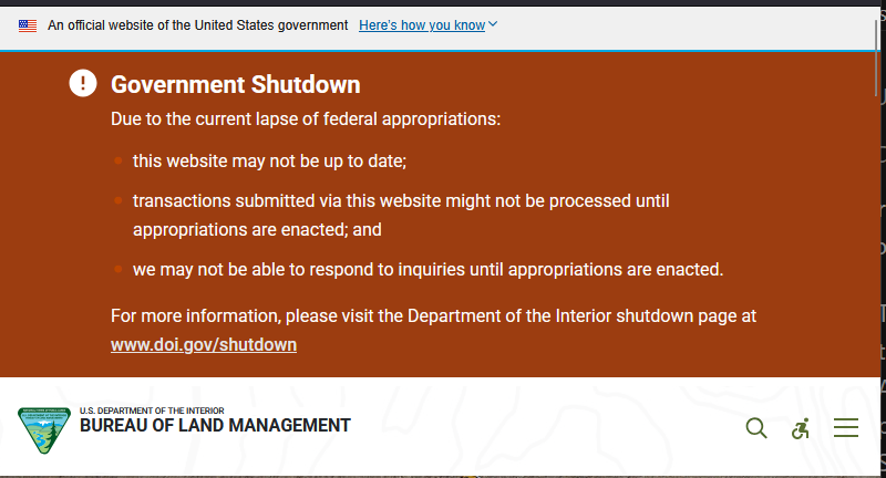 apolitical government shutdown banner example indicating transactons and updates may be slower than usual for blm.gov