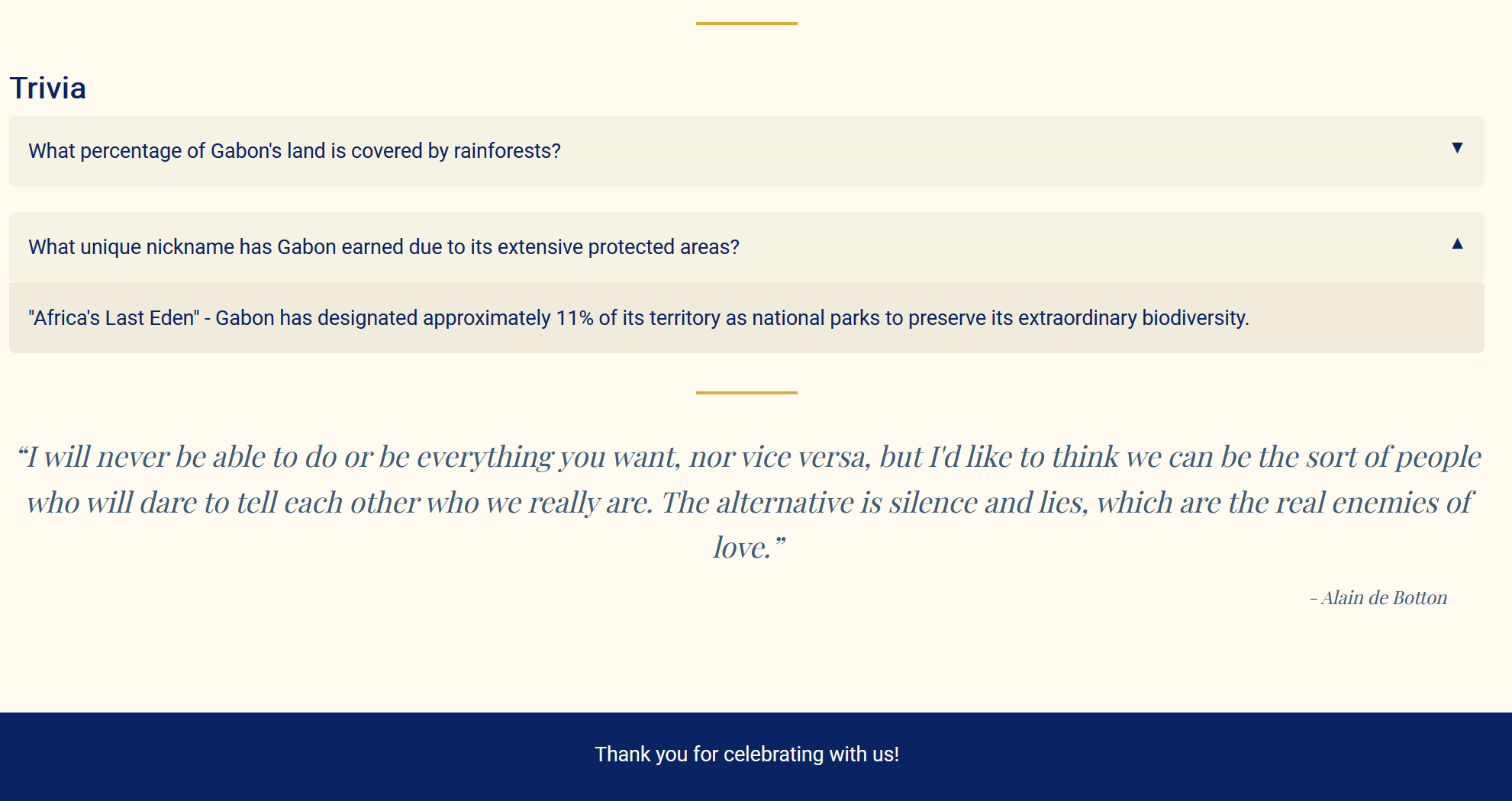 Screenshot of interactive trivia cards for site, along with a quote on marriage