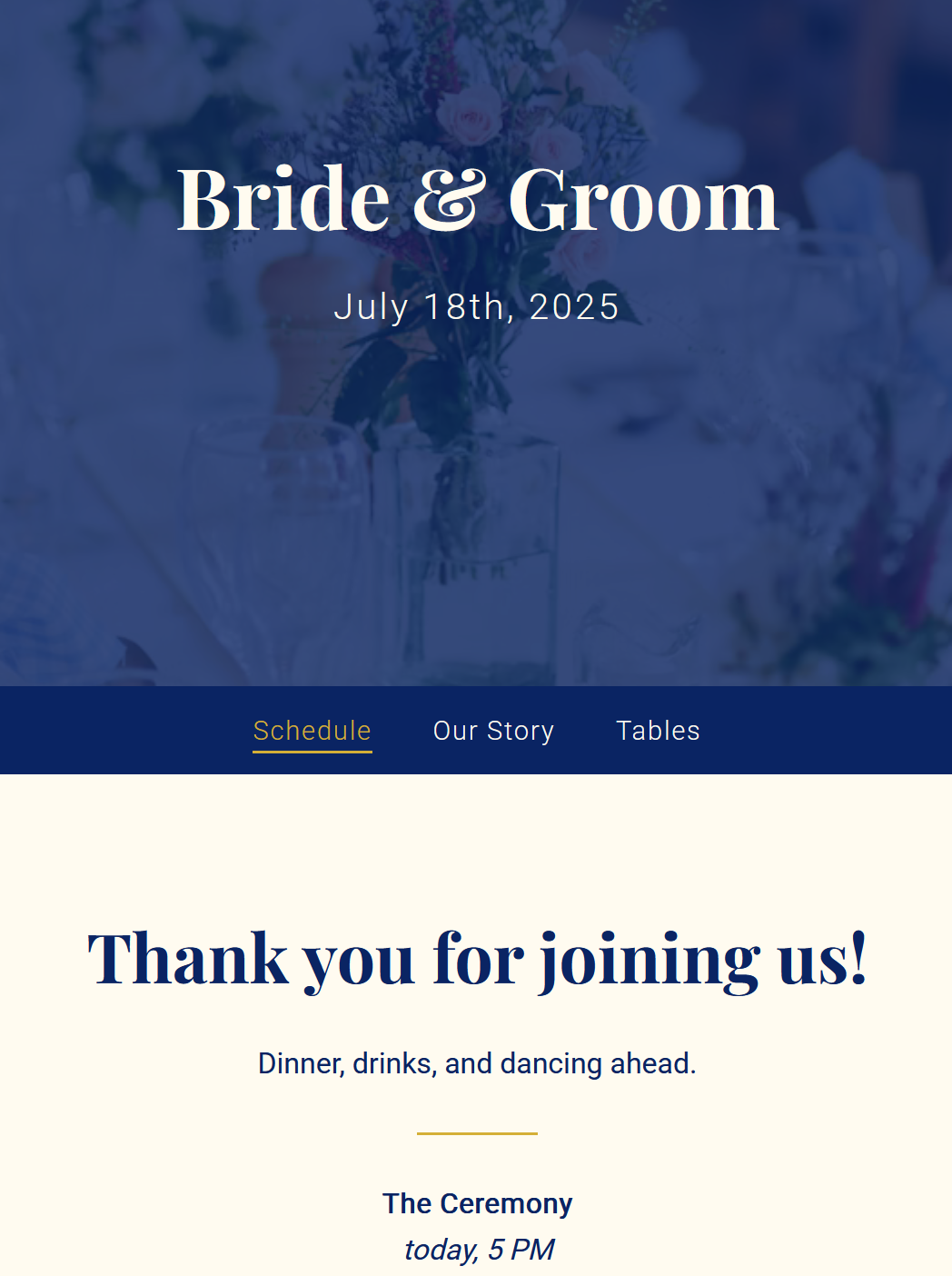 Screenshot of website, with a header, index, and event schedule