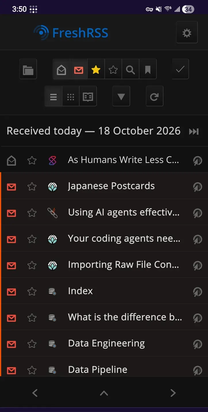 Image of FreshRSS over Tailscale running on an old Android phone